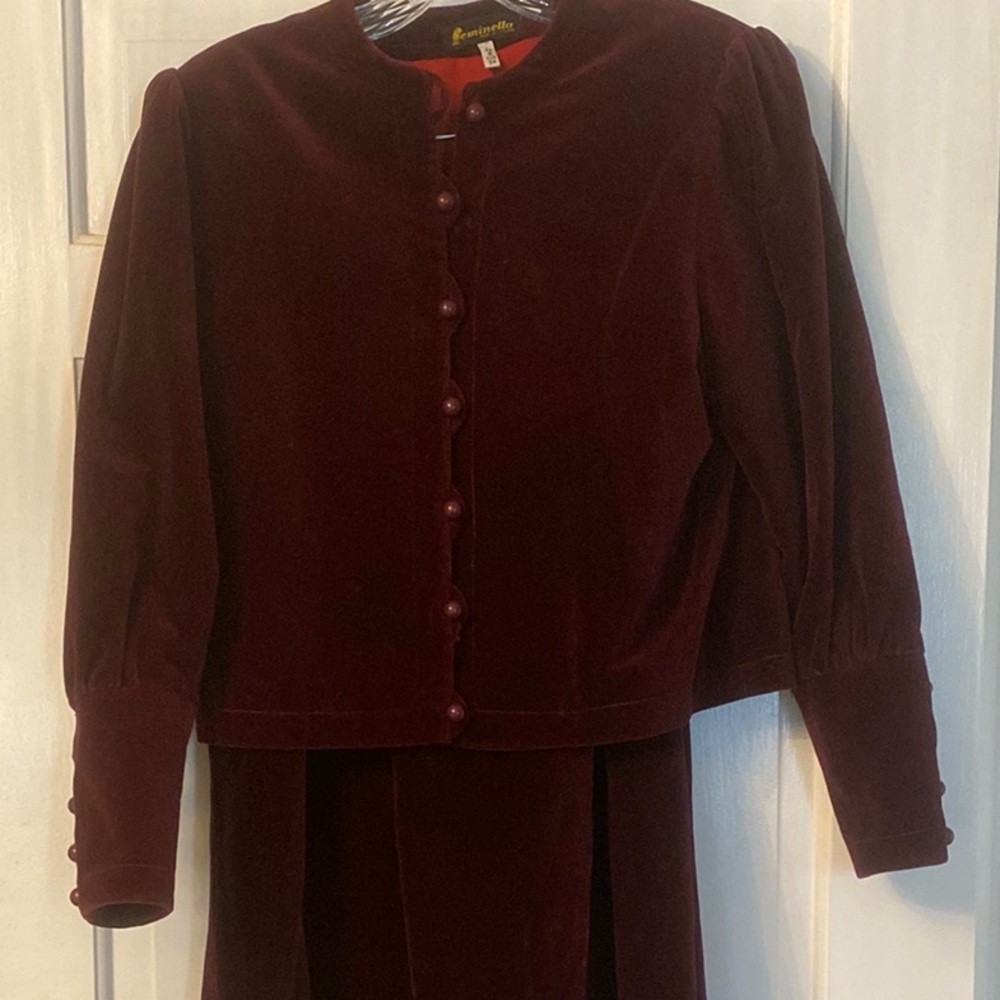 Vintage English Elegant Burgundy Velvet Women's Jacket and matching long skirt.